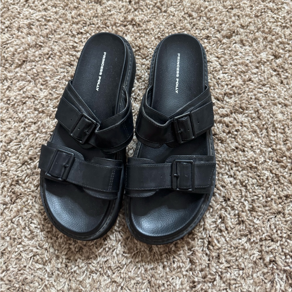 Princess Polly Matte Black Double-Buckle Slide Sandals